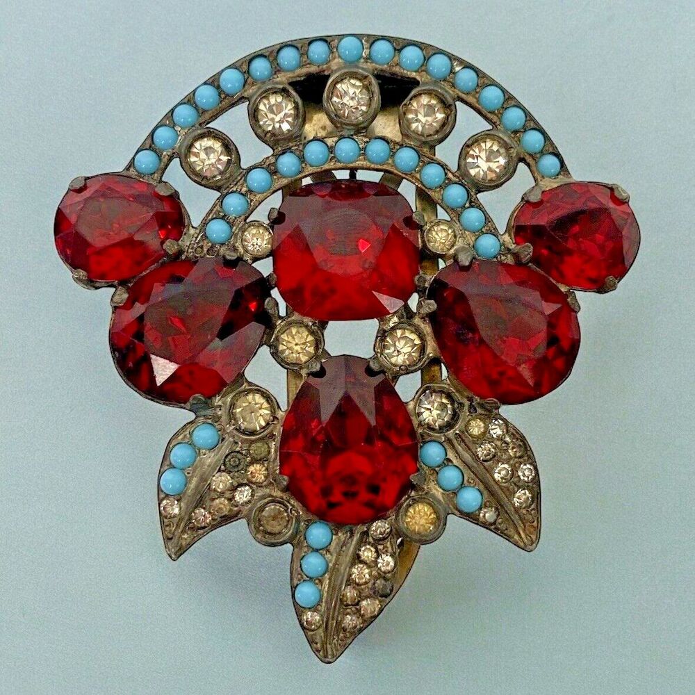 Eisenberg Original Dress Fur Clip Ruby Red Rhinestone Turquoise Cab Rare